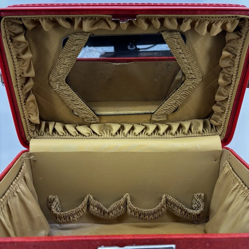 Red Orange Train Vanity Case Vintage Luggage Sesame Lined Snap Closing